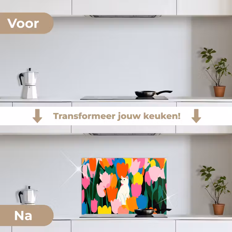 Tulpen - Kat - Kleurrijk keuken achterwand spatscherm klein -voor_na_NL