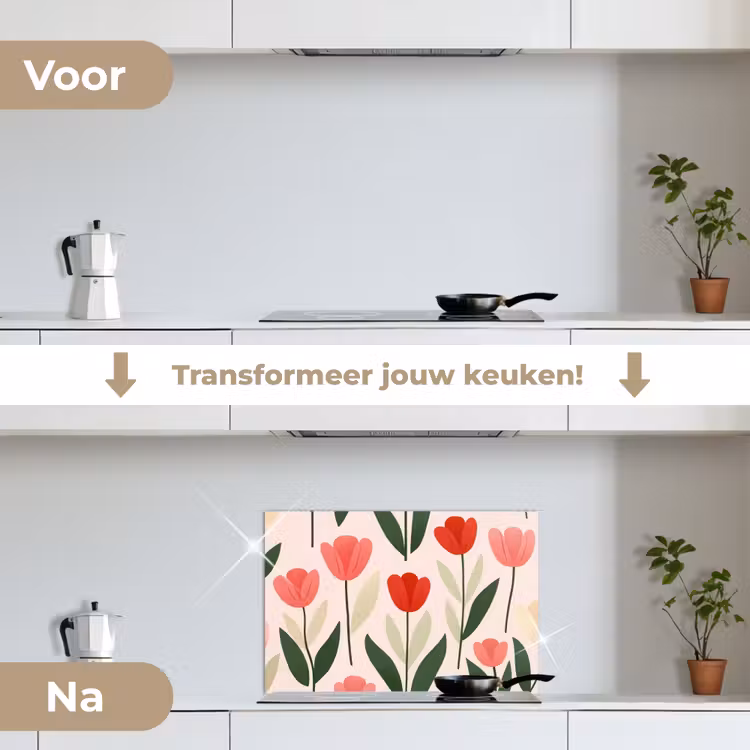 Tulpen - Modern - Roze keuken achterwand spatscherm klein -voor_na_NL