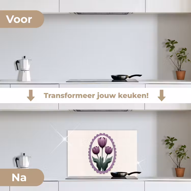 Tulpen - Paars - Lijst - Bladeren keuken achterwand spatscherm klein -voor_na_NL