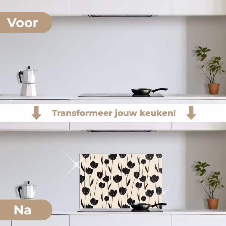 Tulpen - Patroon - Zwart keuken achterwand spatscherm klein 900 -voor_na_NL