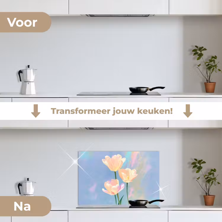 Tulpen - Roze accenten - Blauw keuken achterwand spatscherm klein -voor_na_NL