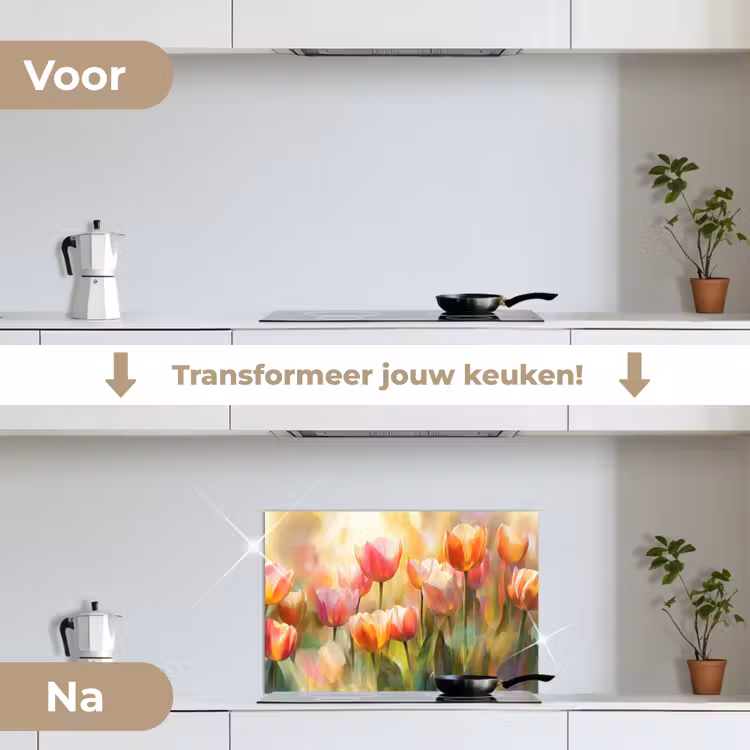 Tulpen - Sprookjesachtig - Kleurrijk keuken achterwand spatscherm klein -voor_na_NL