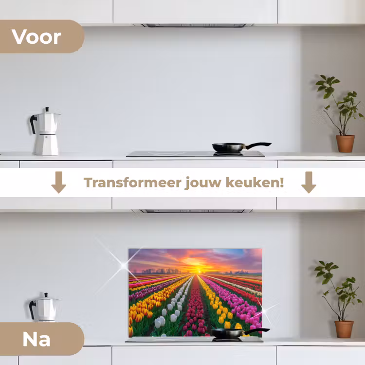 Tulpenveld - Zonsondergang - Kleurrijk keuken achterwand spatscherm klein -voor_na_NL