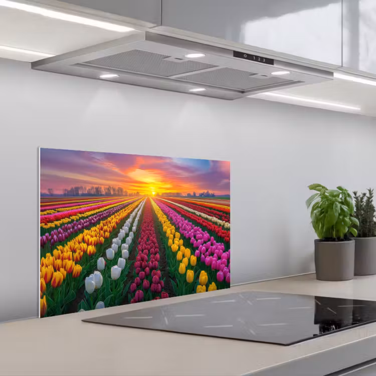 Tulpenveld - Zonsondergang - Kleurrijk keuken achterwand spatscherm klein -3d_schuin