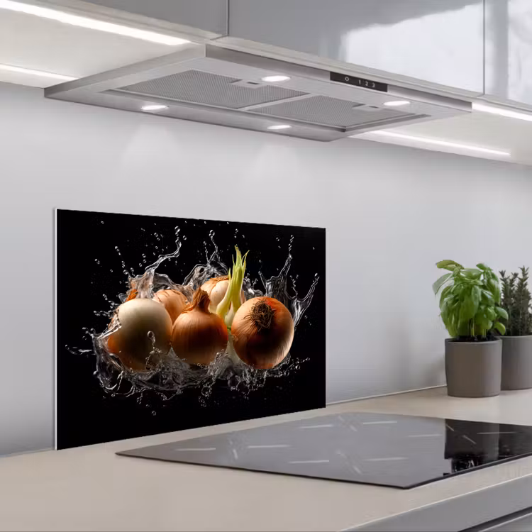 Ui - Groente - Bruin - Water - Zwart keuken achterwand spatscherm klein -3d_schuin