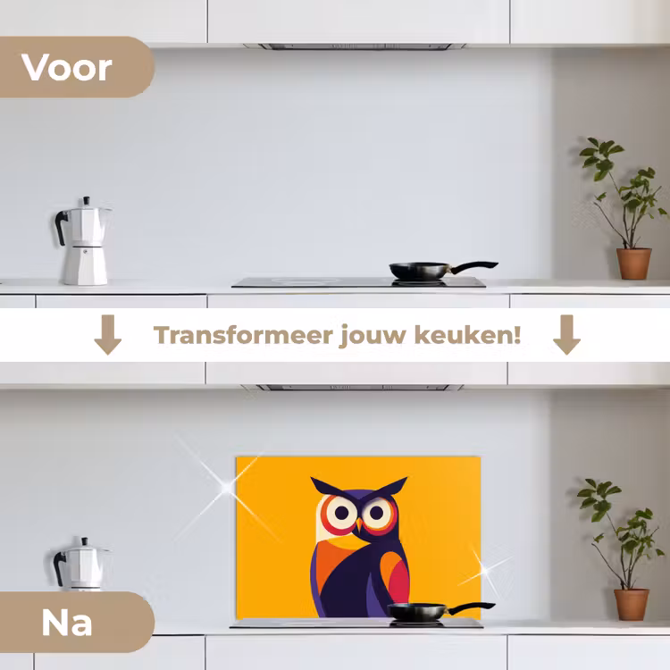 Uil - Grafisch - Kleurrijk - Ogen keuken achterwand spatscherm klein -voor_na_NL