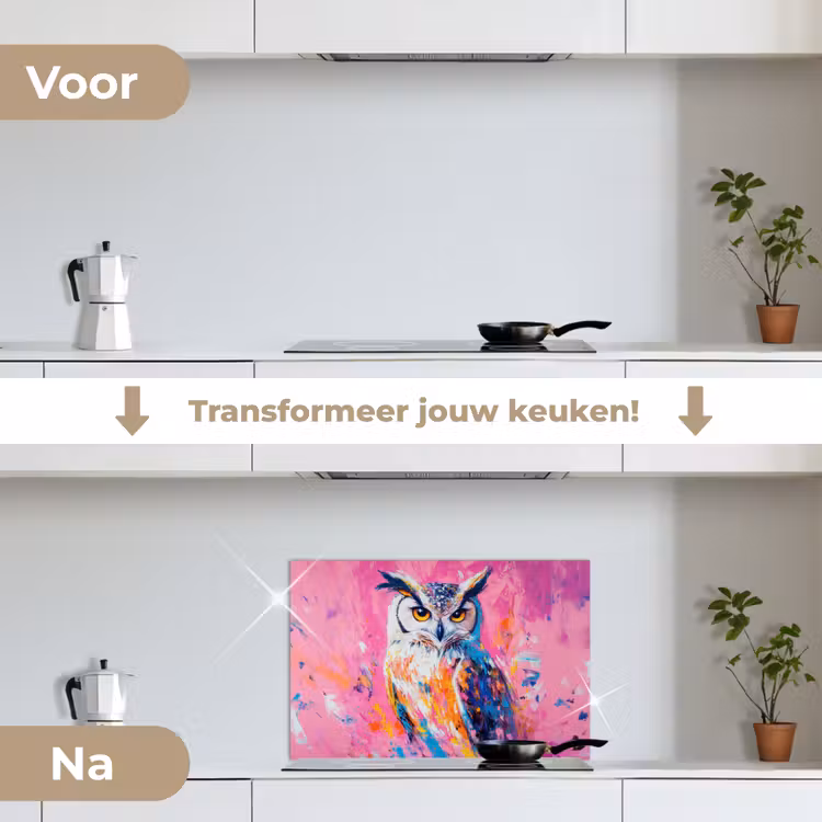 Uil - Roze - Blauw - Verf - Abstract keuken achterwand spatscherm klein -voor_na_NL
