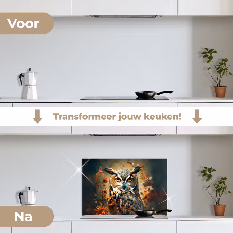 Uil - Vogel - Bloemen - Planten - Botanisch keuken achterwand spatscherm klein -voor_na_NL