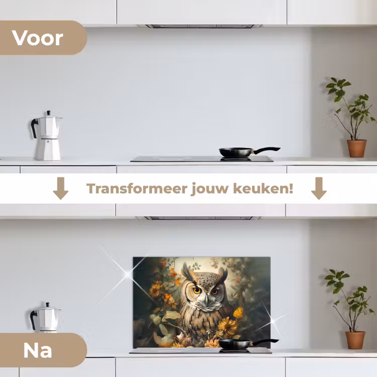 Uil - Vogels - Bloemen - Natuur keuken achterwand spatscherm klein -voor_na_NL