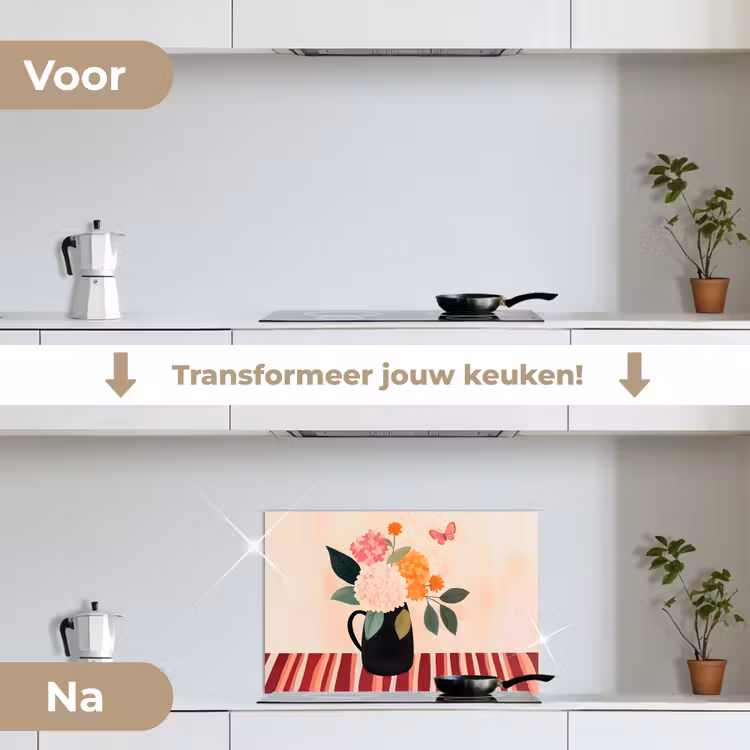 Vaas - Bloemen - Vlinder - Rood keuken achterwand spatscherm klein -voor_na_NL