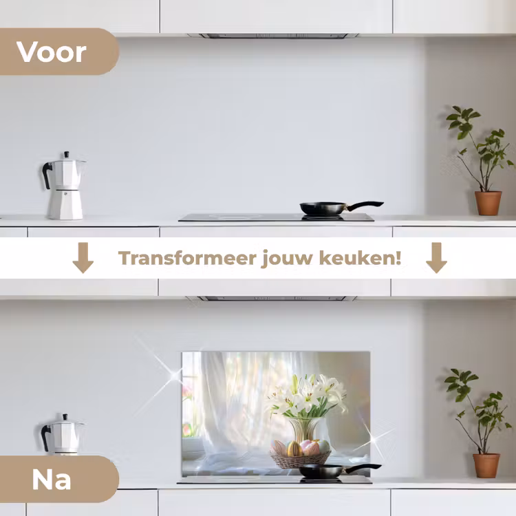 Vaas - Eieren - Bloemen keuken achterwand spatscherm klein -voor_na_NL