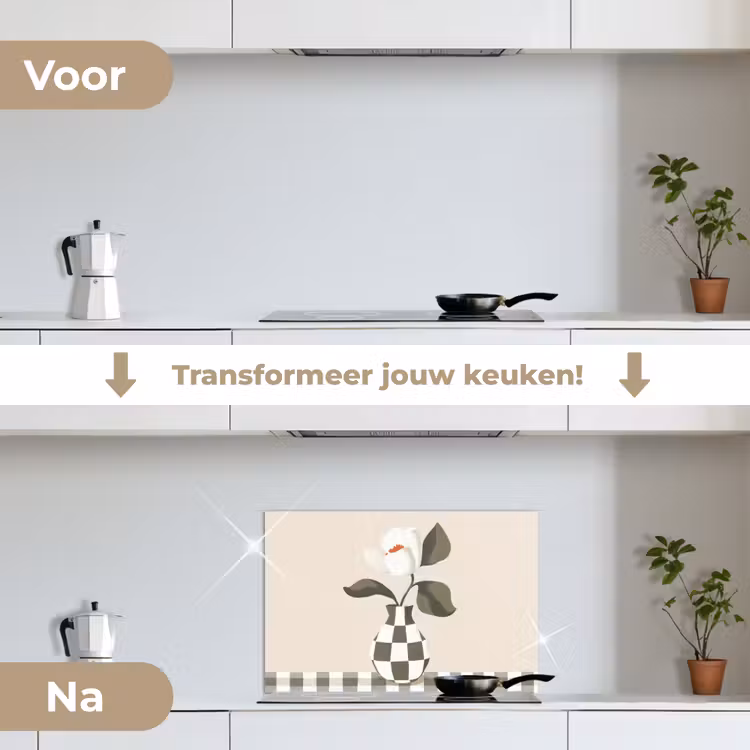 Vaas - Geruit - Groen - Bloem keuken achterwand spatscherm klein -voor_na_NL