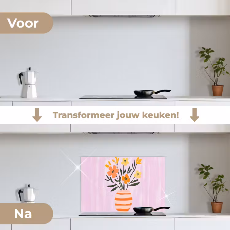 Vaas - Gestreept - Bloemen - Oranje keuken achterwand spatscherm klein -voor_na_NL