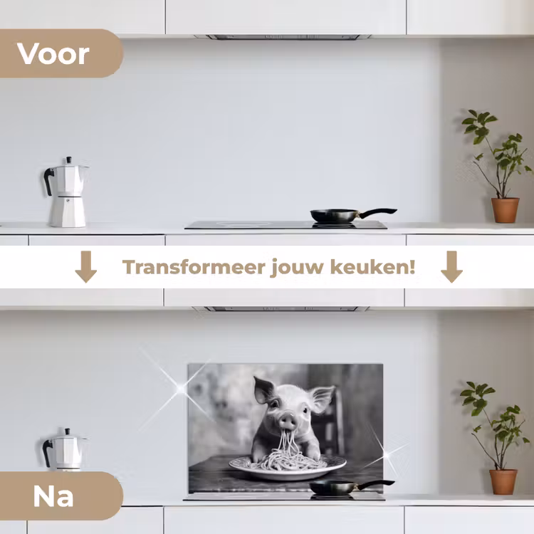 Varken - Schattig - Spaghetti - Zwart wit - Dier keuken achterwand spatscherm klein -voor_na_NL