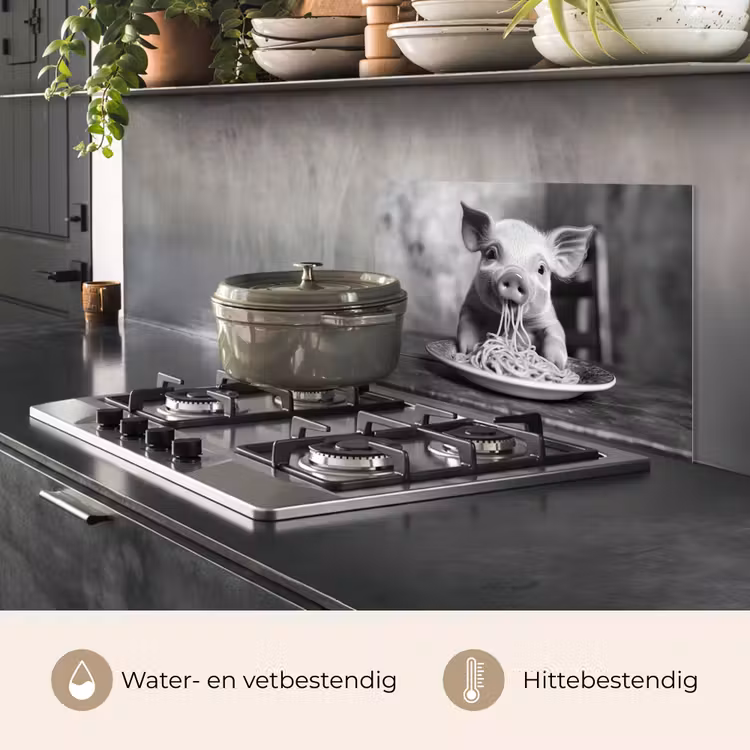Varken - Schattig - Spaghetti - Zwart wit - Dier keuken achterwand spatscherm klein -usp_NL