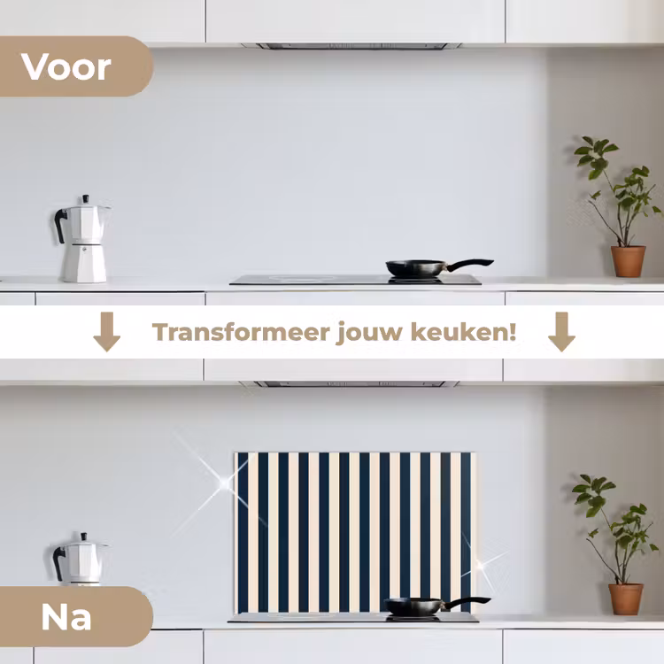 Verticale strepen - Blauw - Crème keuken achterwand spatscherm klein 900 -voor_na_NL