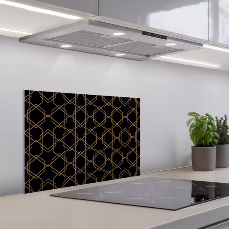 Verweven - Zeshoeken - Zwart - Goud keuken achterwand spatscherm klein 900 -3d_schuin