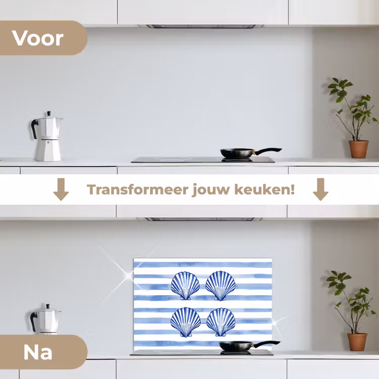 Vier schelpen - Blauw - Wit - Strepen keuken achterwand spatscherm klein -voor_na_NL