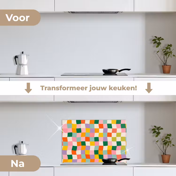 Vierkanten - Kleurrijk - Golvend keuken achterwand spatscherm klein -voor_na_NL