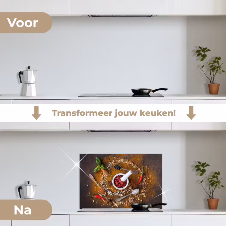 Vijzel - Kruiden - Lepels - Specerijen - Bruin - Peper keuken achterwand spatscherm klein -voor_na_NL