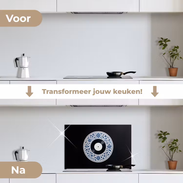 Vinyl - LP - Delfts Blauw - Muziek keuken achterwand spatscherm klein -voor_na_NL