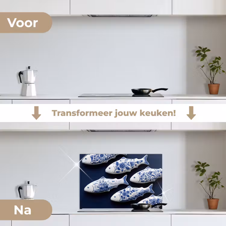 Vissen - Delfts - Blauw - Keramiek keuken achterwand spatscherm klein -voor_na_NL