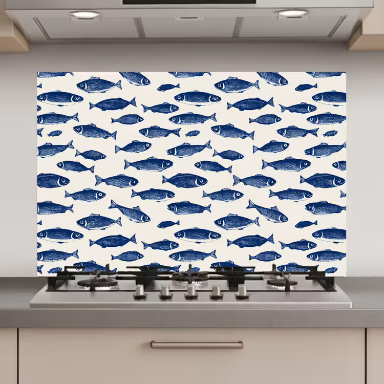Vissen - Patroon - Blauw - Wit keuken achterwand spatscherm klein 900 -3d_website
