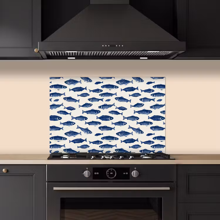 Vissen - Patroon - Blauw - Wit keuken achterwand spatscherm klein 900 -sfeer1
