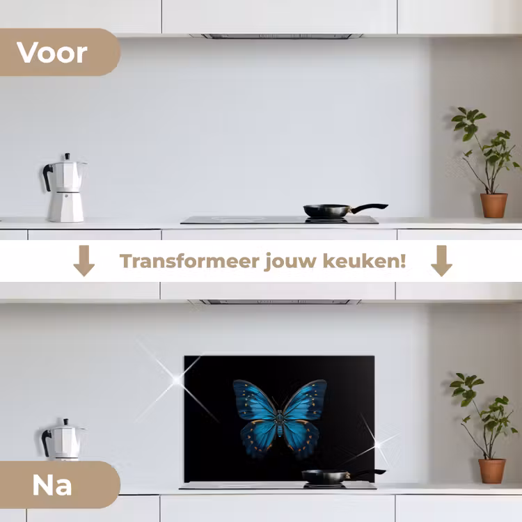 Vlinder - Blauw - Contrast keuken achterwand spatscherm klein -voor_na_NL