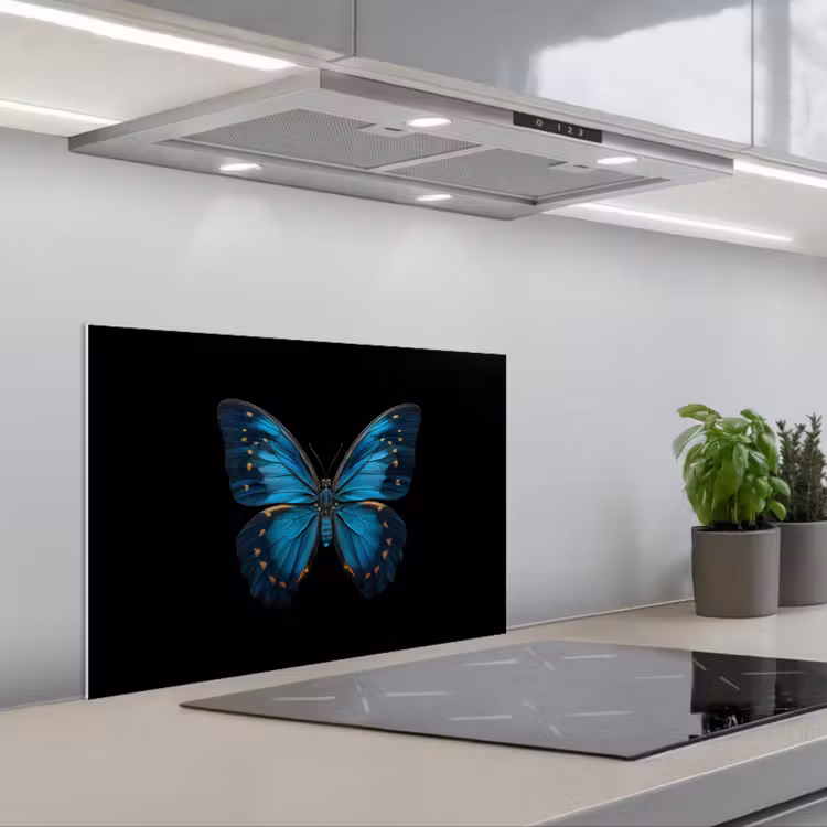 Vlinder - Blauw - Contrast keuken achterwand spatscherm klein -3d_schuin