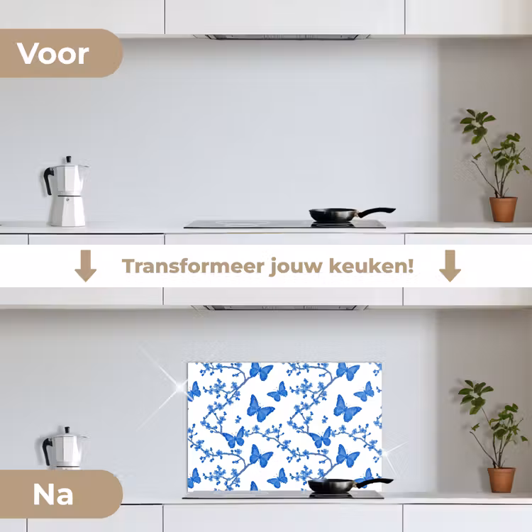 Vlinder - Bloemen - Blauw keuken achterwand spatscherm klein 900 -voor_na_NL
