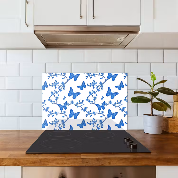 Vlinder - Bloemen - Blauw keuken achterwand spatscherm klein 900 -sfeer2