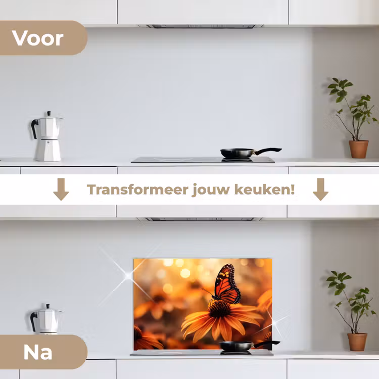 Vlinder - Bloemen - Oranje keuken achterwand spatscherm klein -voor_na_NL