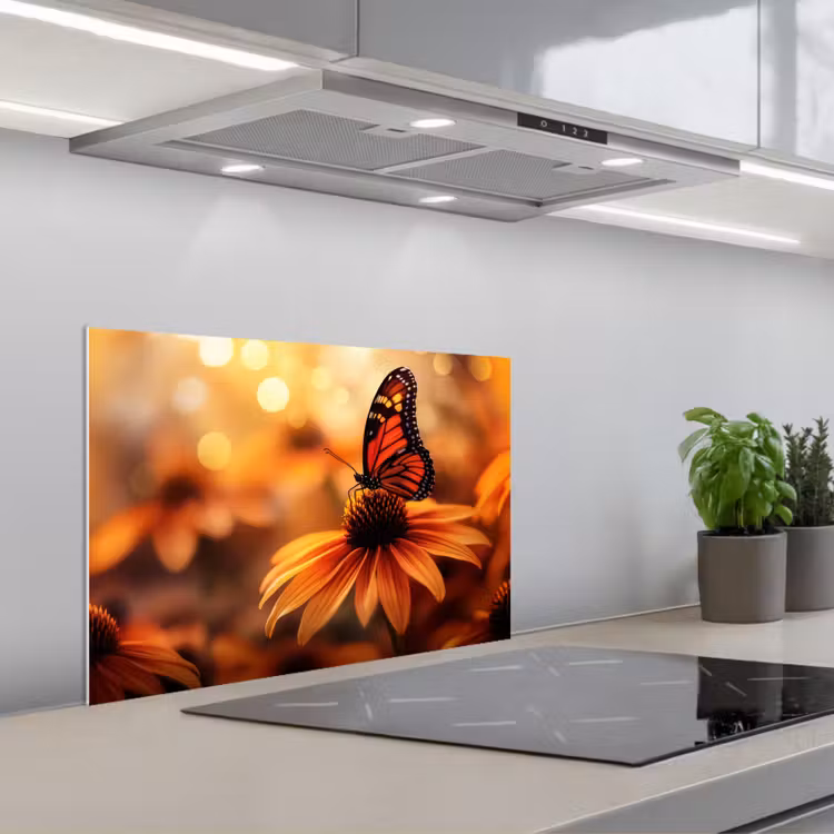Vlinder - Bloemen - Oranje keuken achterwand spatscherm klein -3d_schuin