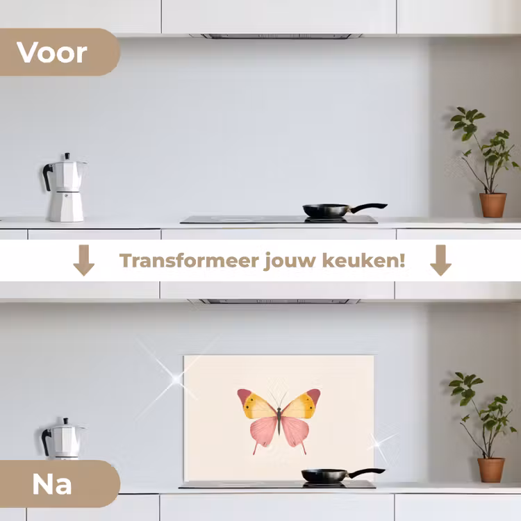 Vlinder - Illustratie - Roze keuken achterwand spatscherm klein -voor_na_NL