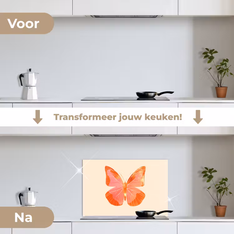 Vlinder - Minimalistisch - Roze keuken achterwand spatscherm klein -voor_na_NL