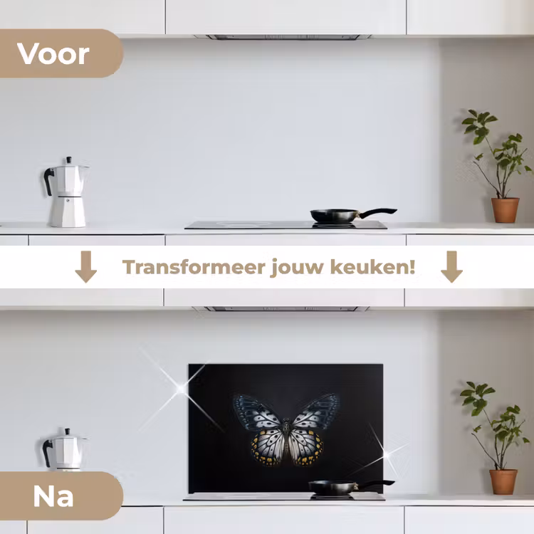 Vlinder - Monochroom - Balans keuken achterwand spatscherm klein -voor_na_NL