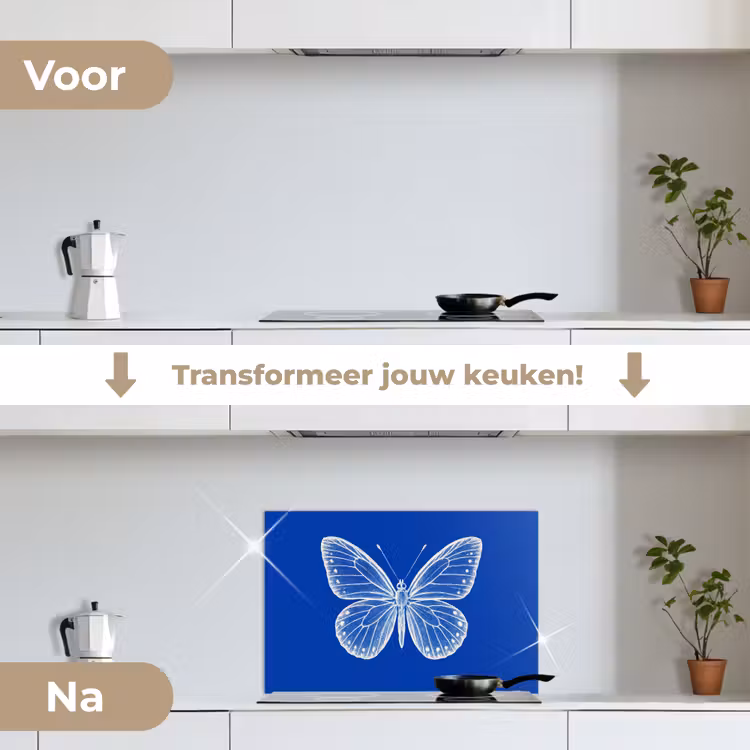 Vlinder - Wit - Getekend - Stippen keuken achterwand spatscherm klein -voor_na_NL