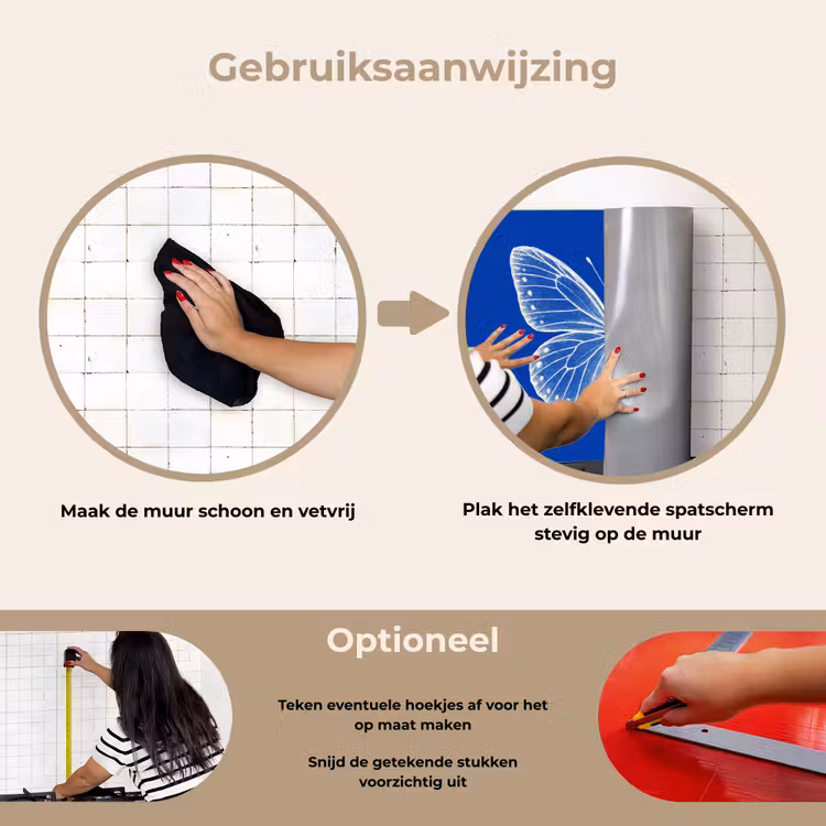 Vlinder - Wit - Getekend - Stippen keuken achterwand spatscherm klein -gebruiksaanwijzing_NL