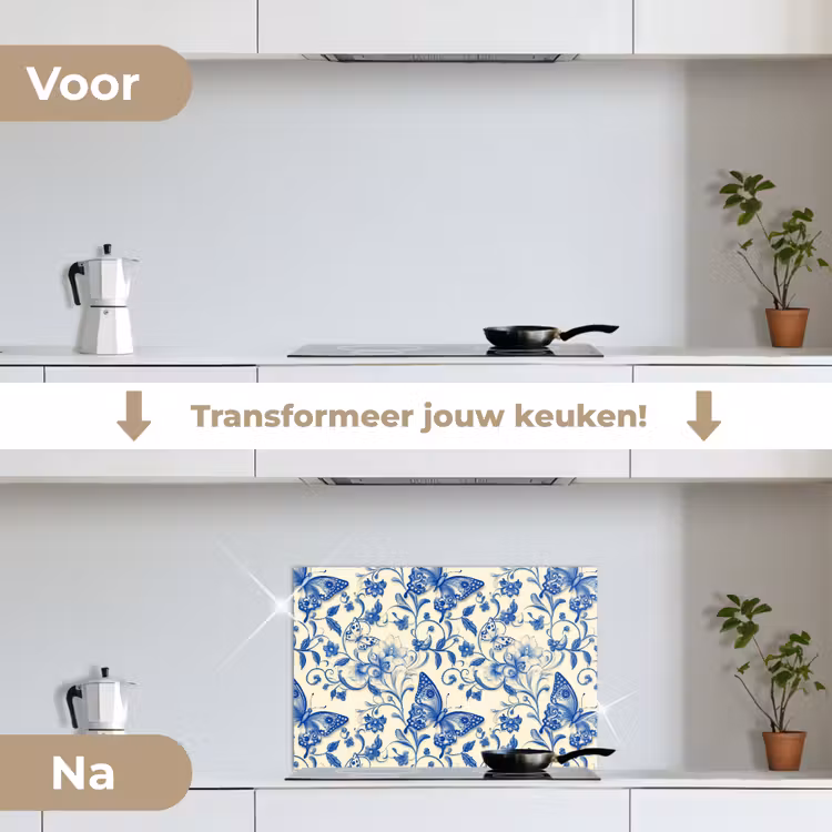 Vlinders - Bloemen - Blauw - Botanisch keuken achterwand spatscherm klein 900 -voor_na_NL