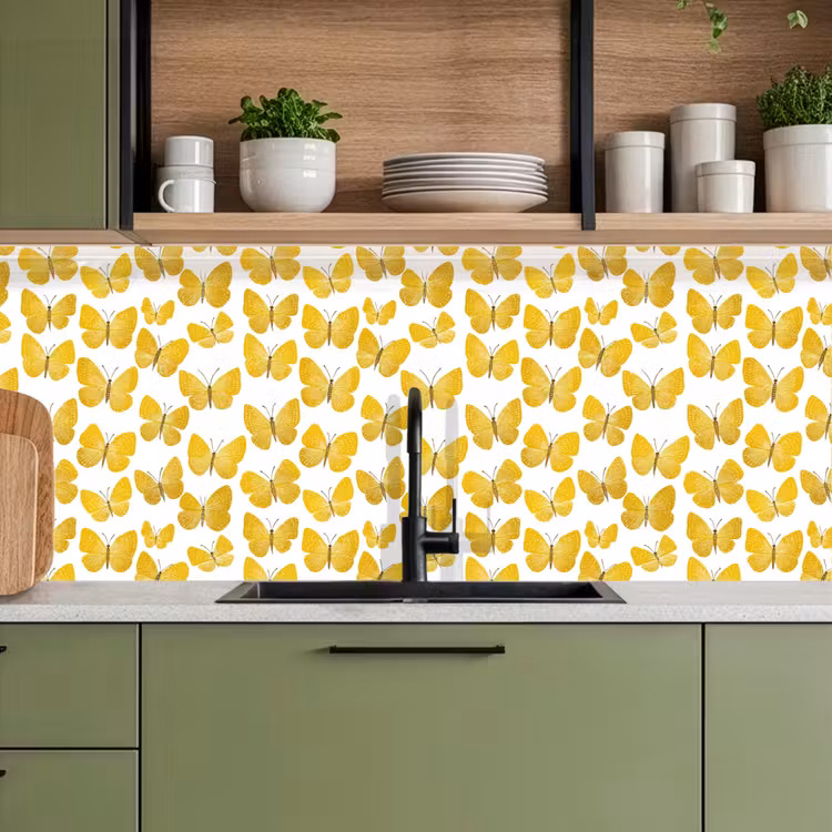 Vlinders - Botanisch - Illustratie - Geel - Wit keuken achterwand 2 middel 871 -sfeer3