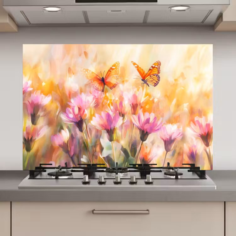 Vlinders - Oranje - Bloemen keuken achterwand spatscherm klein -3d_website