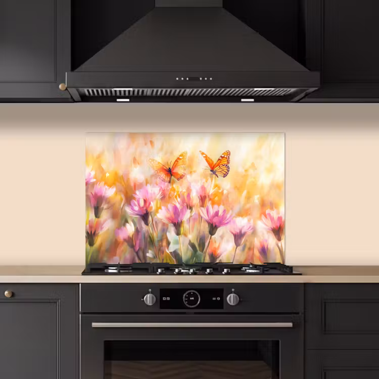 Vlinders - Oranje - Bloemen keuken achterwand spatscherm klein -sfeer1