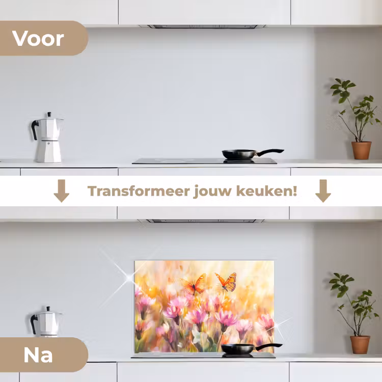 Vlinders - Oranje - Bloemen keuken achterwand spatscherm klein -voor_na_NL