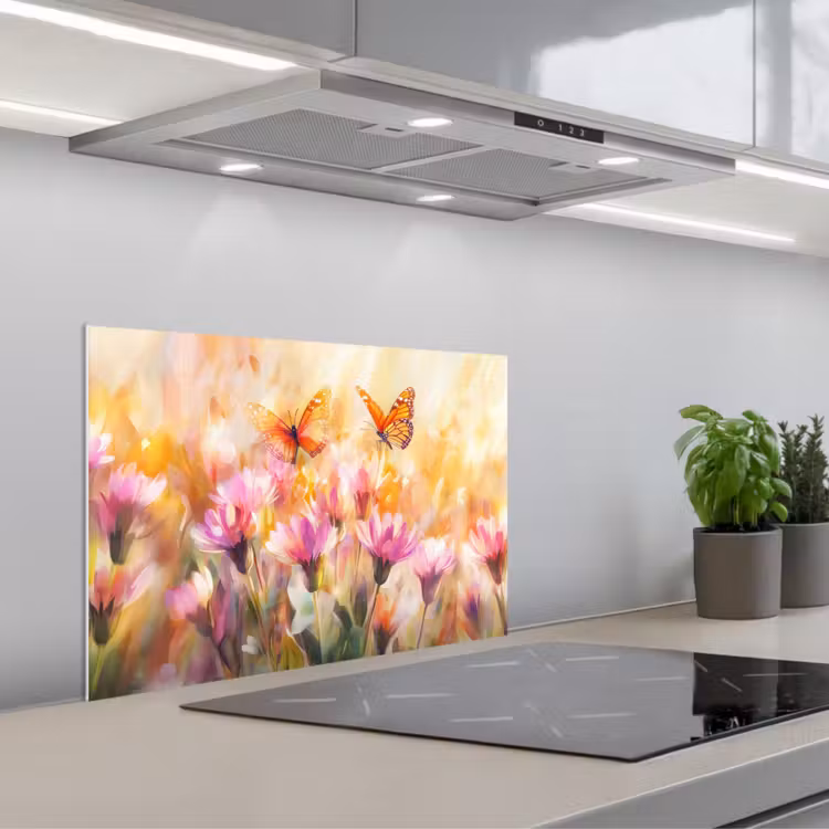 Vlinders - Oranje - Bloemen keuken achterwand spatscherm klein -3d_schuin
