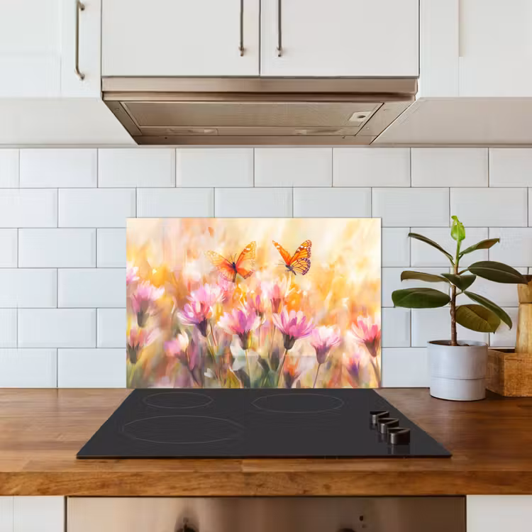 Vlinders - Oranje - Bloemen keuken achterwand spatscherm klein -sfeer2