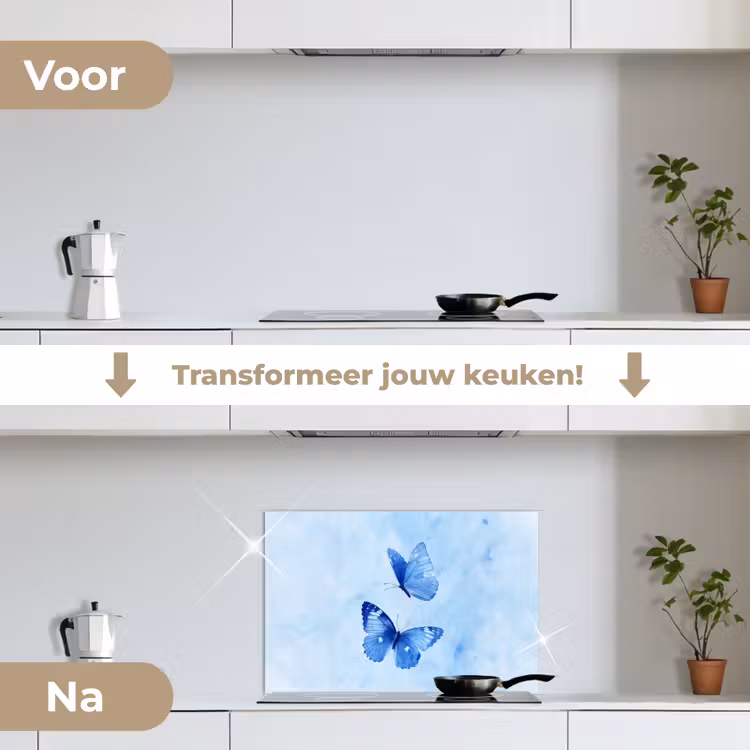 Vlinders - Sierlijk - Blauw keuken achterwand spatscherm klein -voor_na_NL