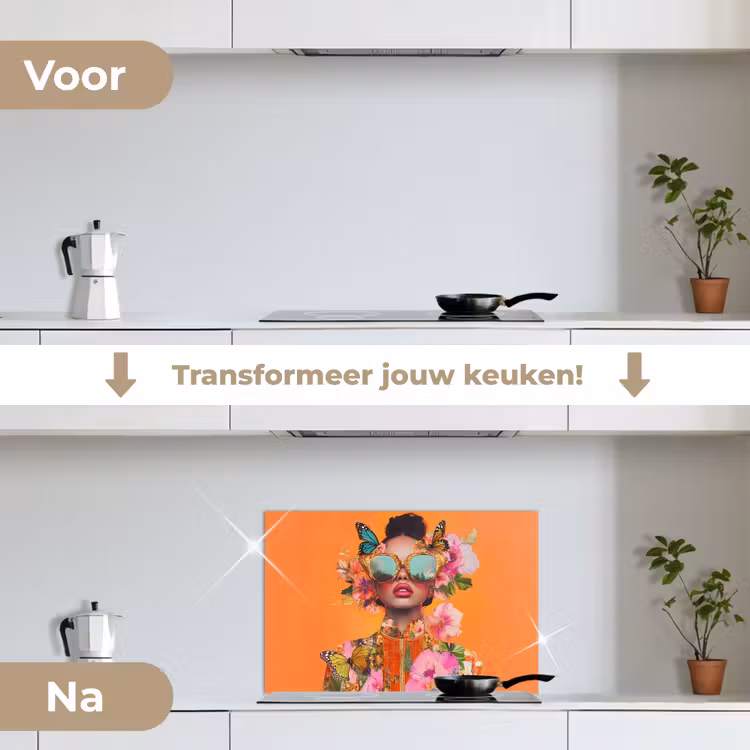 Vlinders - Vrouw - Zonnebril - Kleurrijk keuken achterwand spatscherm klein -voor_na_NL