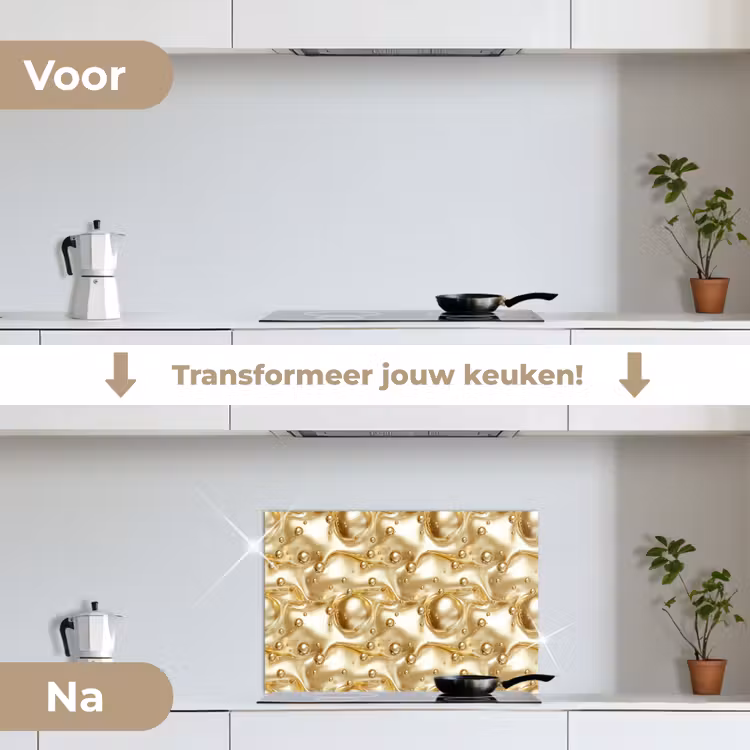 Vloeibaar - Druppels - Goud keuken achterwand spatscherm klein 900 -voor_na_NL