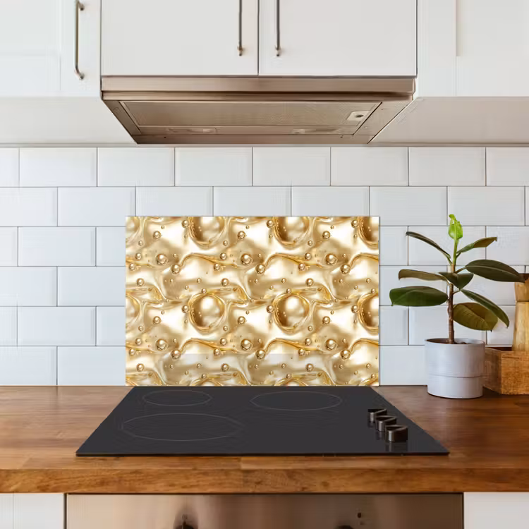 Vloeibaar - Druppels - Goud keuken achterwand spatscherm klein 900 -sfeer2